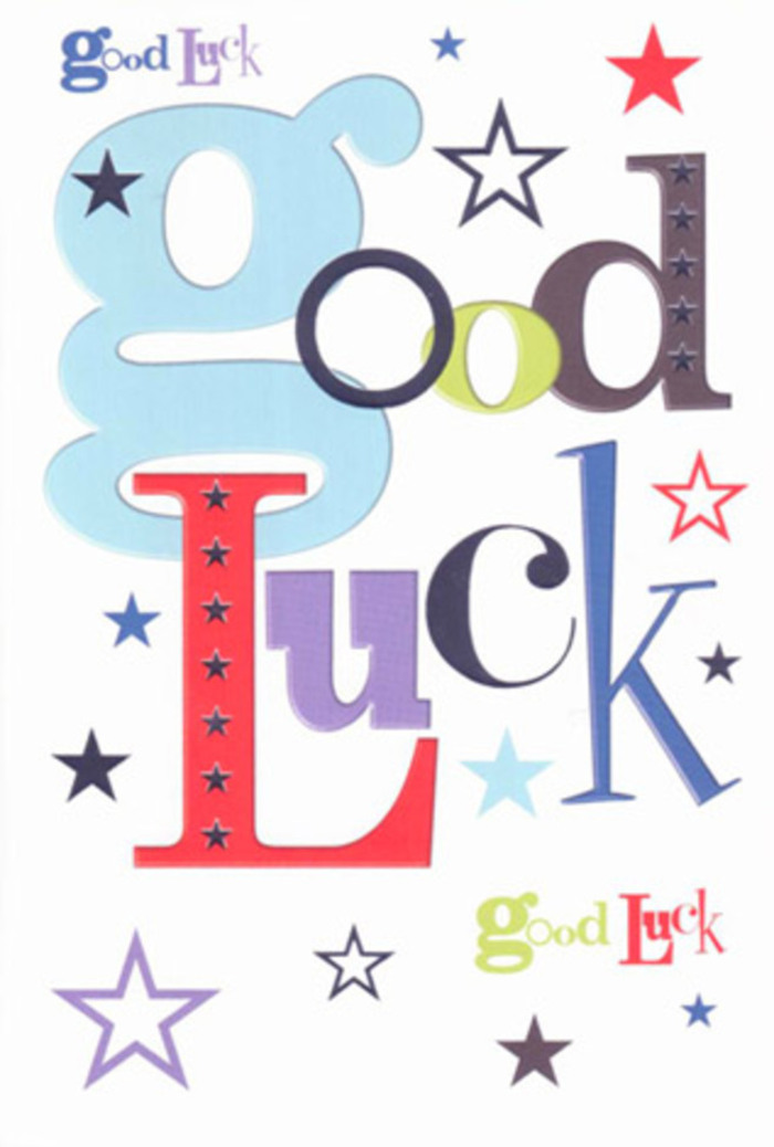This luck-themed greeting card is captured like a little celebration frozen in time, its face turned directly toward the viewer so every colourful detail can be appreciated, even without sight. At the centre, the words Good Luck are arranged in a lively collage of fonts, weights, and heights, as expressive as a florist's mix of textures in a showpiece bouquet. Some letters are wide and generous in pastel blue; others are slimmer, taller strokes of midnight black, ruby red, moss green, and deep violet, each hue chosen to pop against the crisp, snowy white of the card stock. The composition feels spontaneous yet carefully balanced, like the easy buzz of neighbours chatting outside homes near New Southgate station. Surrounding the message, stars are scattered at random angles and sizes, from tiny pinpricks to larger bursts. Their colours echo and extend the palette-navy, indigo, sky blue, lavender, lilac, and soft moss-some filled in solid, others faded around the edges so they seem to drift into the background like distant fireworks over Arnos Grove. The card appears smooth and firm, made from thick, quality paper that would feel pleasantly cool and weighty in the hand, similar to the tactile satisfaction of quality ribbon tails on a bouquet. Light seems to fall gently from above, making the printed colours appear even brighter against the white space. The overall mood is one of warm, uncomplicated encouragement: a cheerful talisman for exam results, a driving test, a new job in town, or any fresh chapter where someone might want a piece of New Southgate optimism tucked beside their flowers.