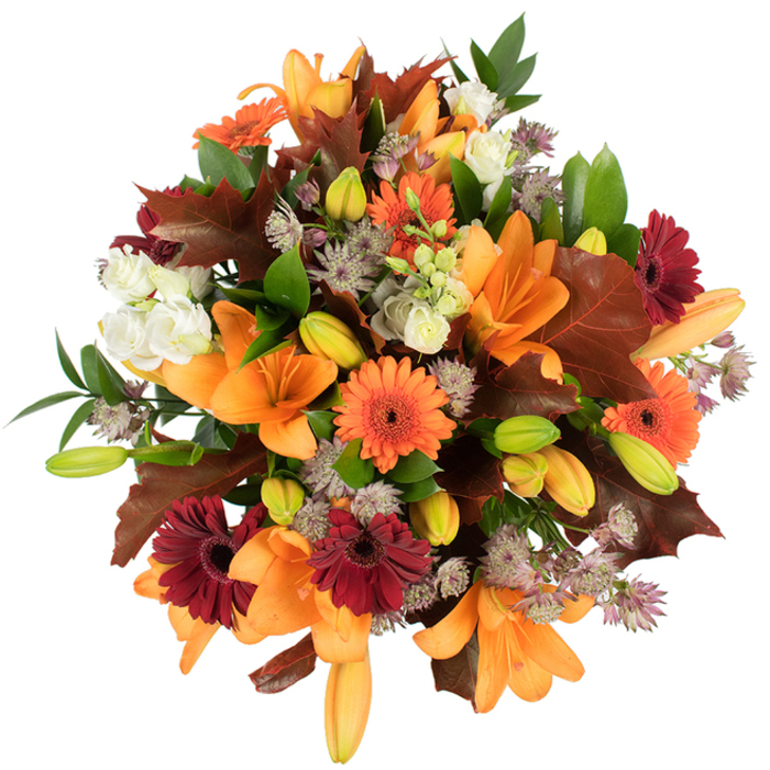 A richly textured, overhead view of a densely packed autumn bouquet, skillfully composed to showcase seasonal colour, form, and texture by Flower Delivery New Southgate. The arrangement centres on fully opened orange Asiatic lilies, their trumpet-shaped petals sweeping outward with confident elegance, while clusters of tightly closed green and pale-orange lily buds add promise and sculptural rhythm. Interspersed are bright orange and deep burgundy Gerbera daisies whose ray-like petals form cheerful, sun-embrace faces that balance the lilies' grandeur. Soft, ivory Lisianthus provide gentle, ruffled pockets of light, offering a cooling contrast to the warm palette, and filigree-like mauve Astrantia blooms add an airy, almost lacey texture that lifts the composition. Large, lobed leaves in warm reddish-brown are carefully positioned to mimic autumn's fallen foliage, their textured veins and curled edges reinforcing the seasonal mood; fresh green leaves and slender stems underpin the bouquet with life and clarity. Photographed against a pristine white background with crisp, even lighting, every hue reads vibrantly and each petal edge is clearly defined. Locals in New Southgate, Friern Barnet and the surrounding neighbourhoods might picture this arrangement on a cosy dining table after a stroll to the nearby tube at Arnos Grove or as a thoughtful gift collected from a local market. The bouquet feels abundant yet refined, its scents a soft blend of floral sweetness and leaf-musk-an ideal piece to celebrate autumn birthdays, Thanksgiving gatherings, or simply to bring the warm, harvested tones of the season indoors.