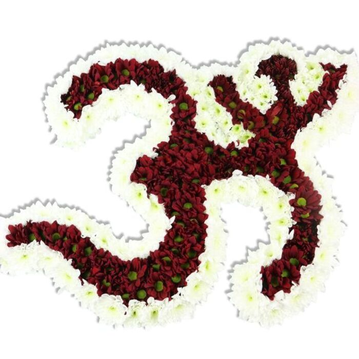 Displayed against a stark white background, this floral Om reads as both devotional emblem and delicate work of living art: its body is densely packed with dark maroon chrysanthemums, each small bloom contributing to the smooth, continuous '3'-like curves and the elongated S-shaped stroke that characterise the Sanskrit sign. Many of the red pompons reveal tiny lime-green centers, a subtle botanical accent that lends the interior surface an almost mosaic-like depth and natural variation. The top crescent and dot are integrated seamlessly, their shapes articulated by the same rich maroon tone and precise flower placement. Surrounding that core is a thick, undulating border of snow-white spray chrysanthemums; the white outline not only provides high contrast but also defines negative spaces inside the symbol so the eye can follow each loop without effort. The lighting is soft and neutral, producing a gentle drop shadow that lifts the arrangement off the page and suggests a ceremonial presence. Running your fingers across this imaginary surface you'd expect cool, satiny petals and a faint herbaceous scent that steadies the senses-qualities that make this piece suited to remembrance services, cultural observances, or contemplative gatherings in and around New Southgate, Friern Barnet, and local places of worship. The overall impression is one of careful craftsmanship and respectful restraint: a floral translation of the universal sound Om that balances artistic precision with spiritual warmth, offering a quietly powerful focal point for any event calling for dignity and solace.